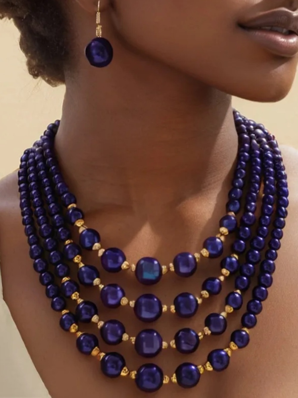 Multi-Strand Deep Purple Beaded Necklace with Gold Accents